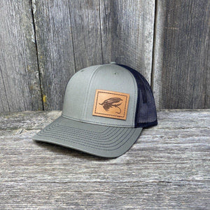 STEELHEAD FLY STITCHED CHESTNUT LEATHER PATCH HAT - RICHARDSON 112 Leather Patch Hats Hells Canyon Designs # Loden/Black