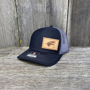 STEELHEAD FLY STITCHED NATURAL LEATHER PATCH HAT - RICHARDSON 112 Leather Patch Hats Hells Canyon Designs Black/Charcoal
