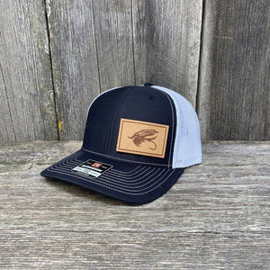 STEELHEAD FLY STITCHED NATURAL LEATHER PATCH HAT - RICHARDSON 112 Leather Patch Hats Hells Canyon Designs Black/White