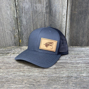 STEELHEAD FLY STITCHED NATURAL LEATHER PATCH HAT - RICHARDSON 112 Leather Patch Hats Hells Canyon Designs Charcoal/Black