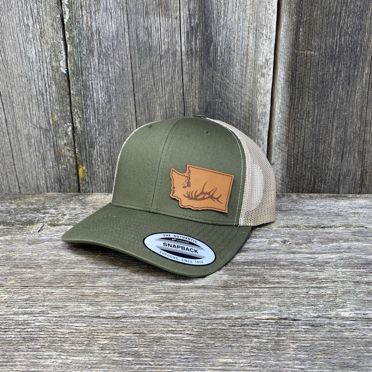 Washington Hat Elk Patch Hat Flex-Fit Leather Patch Hats Hells Canyon Designs Loden/Tan