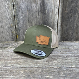 Washington Hat Elk Patch Hat Flex-Fit Leather Patch Hats Hells Canyon Designs Loden/Tan