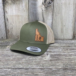 BIGFOOT IDAHO LEATHER PATCH HAT FLEXFIT Leather Patch Hats Hells Canyon Designs # Moss/Khaki