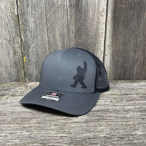 BIGFOOT PEACE SIGN BLACK LEATHER PATCH HAT - RICHARDSON 112 Leather Patch Hats Hells Canyon Designs # Charcoal/Black 