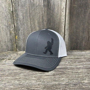BIGFOOT PEACE SIGN BLACK LEATHER PATCH HAT - RICHARDSON 112 Leather Patch Hats Hells Canyon Designs #  Charcoal/White 