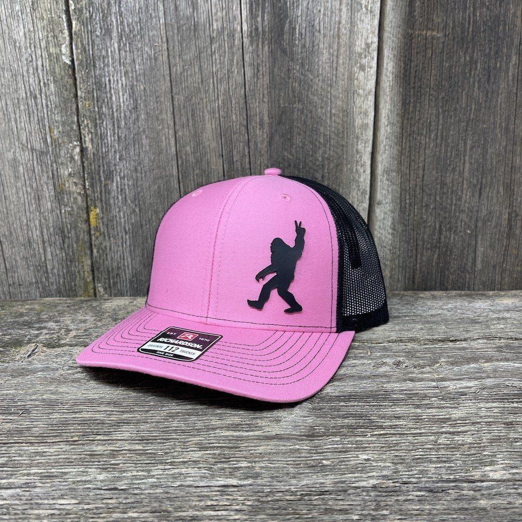 BIGFOOT PEACE SIGN BLACK LEATHER PATCH HAT - RICHARDSON 112 Leather Patch Hats Hells Canyon Designs #  Pink/Black 