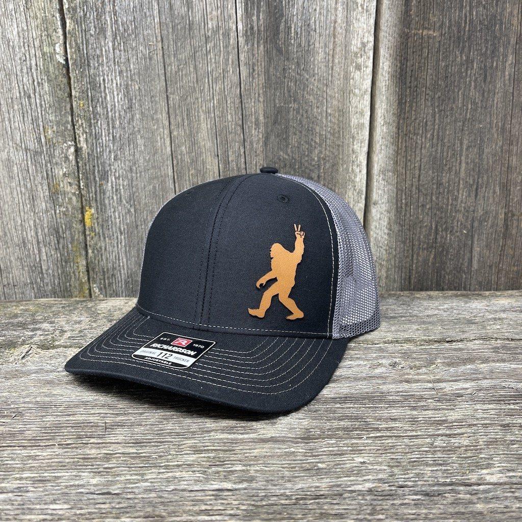 BIGFOOT PEACE SIGN CHESTNUT LEATHER PATCH HAT - RICHARDSON 112 Leather Patch Hats Hells Canyon Designs # Black/Charcoal 