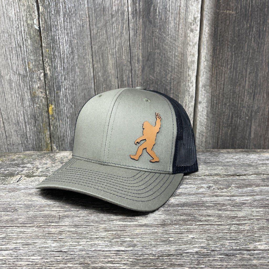 BIGFOOT PEACE SIGN CHESTNUT LEATHER PATCH HAT - RICHARDSON 112 Leather Patch Hats Hells Canyon Designs # Loden/Black 