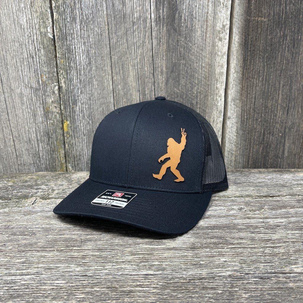 BIGFOOT PEACE SIGN CHESTNUT LEATHER PATCH HAT - RICHARDSON 112 Leather Patch Hats Hells Canyon Designs # Solid Black 