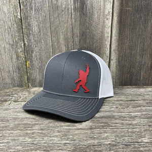 BIGFOOT PEACE SIGN RED LEATHER PATCH HAT - RICHARDSON 112 Leather Patch Hats Hells Canyon Designs # Charcoal/White