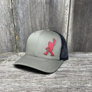 BIGFOOT PEACE SIGN RED LEATHER PATCH HAT - RICHARDSON 112 Leather Patch Hats Hells Canyon Designs # Loden/Black