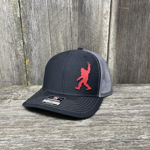 BIGFOOT PEACE SIGN RED LEATHER PATCH HAT - RICHARDSON 112 Leather Patch Hats Hells Canyon Designs # Black/Charcoal 