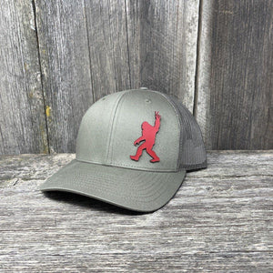 BIGFOOT PEACE SIGN RED LEATHER PATCH HAT - RICHARDSON 112 Leather Patch Hats Hells Canyon Designs # Loden 