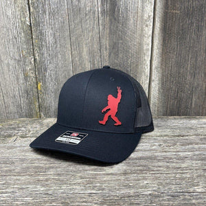BIGFOOT PEACE SIGN RED LEATHER PATCH HAT - RICHARDSON 112 Leather Patch Hats Hells Canyon Designs # Solid Black 