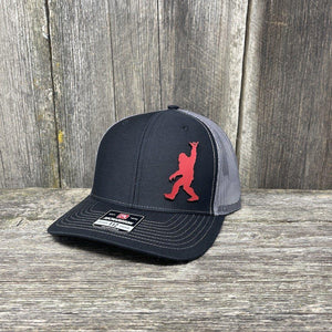 BIGFOOT SHAKA RED LEATHER PATCH HAT - RICHARDSON 112 Leather Patch Hats Hells Canyon Designs # Black/Charcoal 