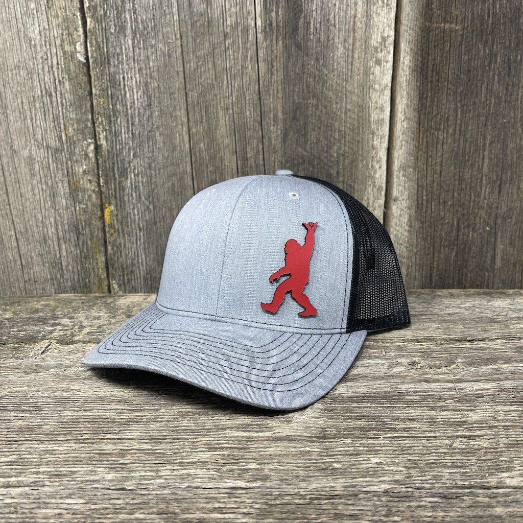 BIGFOOT SHAKA RED LEATHER PATCH HAT - RICHARDSON 112 Leather Patch Hats Hells Canyon Designs # Black/Charcoal 