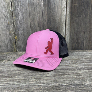 BIGFOOT SHAKA RED LEATHER PATCH HAT - RICHARDSON 112 Leather Patch Hats Hells Canyon Designs # Pink/Black 