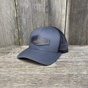 ELK SHED LEATHER PATCH HAT - RICHARDSON 112 Leather Patch Hats Hells Canyon Designs  # Charcoal/Black