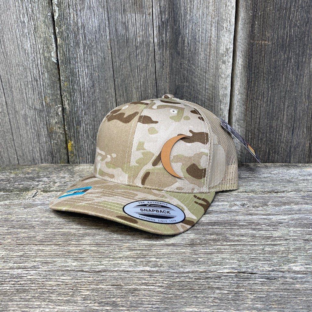 CRESCENT MOON CHESTNUT LEATHER PATCH HAT - FLEXFIT SNAPBACK Leather Patch Hats Hells Canyon Designs # Black Multicam 