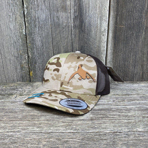 DUCK HUNTERS CHESTNUT LEATHER PATCH HAT - FLEXFIT SNAPBACK Leather Patch Hats Hells Canyon Designs # Arid/Brown Multicam 