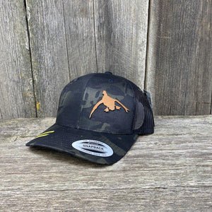 DUCK HUNTERS CHESTNUT LEATHER PATCH HAT - FLEXFIT SNAPBACK Leather Patch Hats Hells Canyon Designs # Black Multicam 