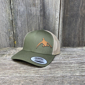 DUCK HUNTERS CHESTNUT LEATHER PATCH HAT - FLEXFIT SNAPBACK Leather Patch Hats Hells Canyon Designs # Loden/Tan 