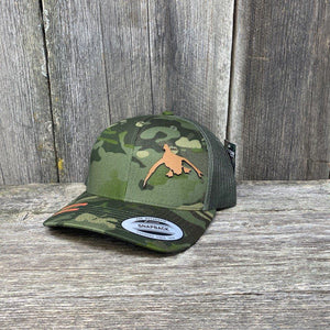 DUCK HUNTERS CHESTNUT LEATHER PATCH HAT - FLEXFIT SNAPBACK Leather Patch Hats Hells Canyon Designs # Tropical Multicam 