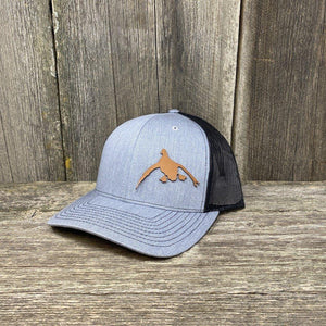 DUCK HUNTERS CHESTNUT LEATHER PATCH HAT - RICHARDSON 112 Leather Patch Hats Hells Canyon Designs # Heather Grey/Black 