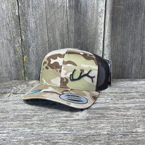 ELK HORN FLEX-FIT CAMO BLACK LEATHER PATCH HAT Leather Patch Hats Hells Canyon Designs # Arid/Brown 