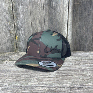 ELK HORN FLEX-FIT CAMO BLACK LEATHER PATCH HAT Leather Patch Hats Hells Canyon Designs # BDU/Black 