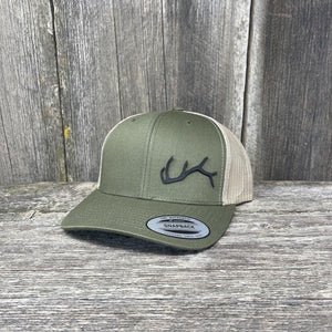 ELK HORN FLEX-FIT CAMO BLACK LEATHER PATCH HAT Leather Patch Hats Hells Canyon Designs # Moss/Khaki