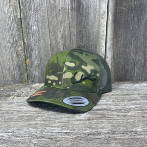 ELK HORN FLEX-FIT CAMO BLACK LEATHER PATCH HAT Leather Patch Hats Hells Canyon Designs # Tropical Multicam 