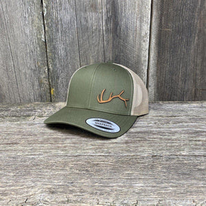 ELK HORN FLEX-FIT CAMO CHESTNUT LEATHER PATCH HAT Leather Patch Hats Hells Canyon Designs # Moss/Khaki