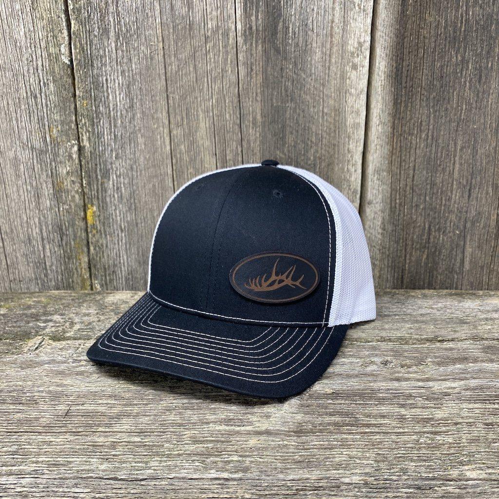 ELK RACK BLACK LEATHER PATCH HAT - RICHARDSON 112 Leather Patch Hats Hells Canyon Designs # Black/White