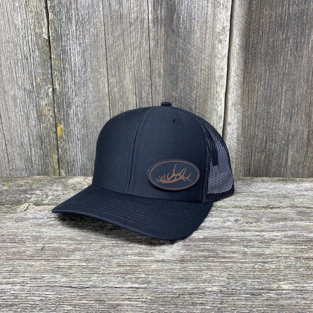 ELK RACK BLACK LEATHER PATCH HAT - RICHARDSON 112 Leather Patch Hats Hells Canyon Designs # Heather Grey/Black 