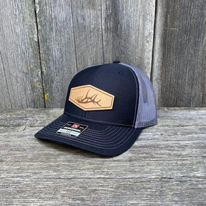ELK SHED STITCHED NATURAL LEATHER PATCH HAT - RICHARDSON 112 Leather Patch Hats Hells Canyon Designs Black/Charcoal 