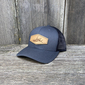 ELK SHED STITCHED NATURAL LEATHER PATCH HAT - RICHARDSON 112 Leather Patch Hats Hells Canyon Designs Charcoal/Black 