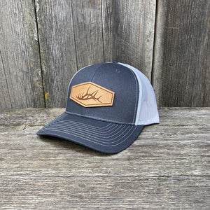 ELK SHED STITCHED NATURAL LEATHER PATCH HAT - RICHARDSON 112 Leather Patch Hats Hells Canyon Designs Charcoal/White 