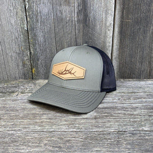 ELK SHED STITCHED NATURAL LEATHER PATCH HAT - RICHARDSON 112 Leather Patch Hats Hells Canyon Designs Loden/Black 