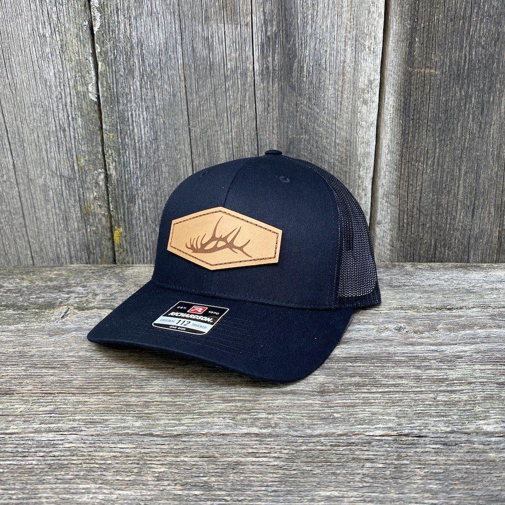 ELK SHED STITCHED NATURAL LEATHER PATCH HAT - RICHARDSON 112 Leather Patch Hats Hells Canyon Designs Heather/Black 