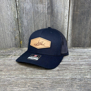 ELK SHED STITCHED NATURAL LEATHER PATCH HAT - RICHARDSON 112 Leather Patch Hats Hells Canyon Designs Solid Black 
