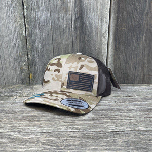 HAND SEWN BLACK DISTRESSED FLAG LEATHER PATCH HAT - FLEXFIT SNAPBACK Leather Patch Hats Hells Canyon Designs Arid Tan/Brown Multi-cam 