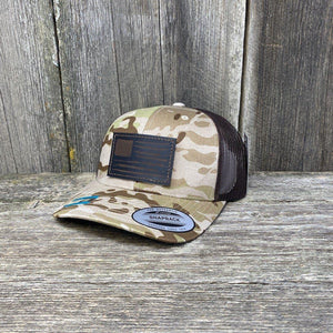 HAND SEWN BLACK DISTRESSED FLAG LEATHER PATCH HAT - FLEXFIT SNAPBACK Leather Patch Hats Hells Canyon Designs Arid Tan/Brown Multi-cam 