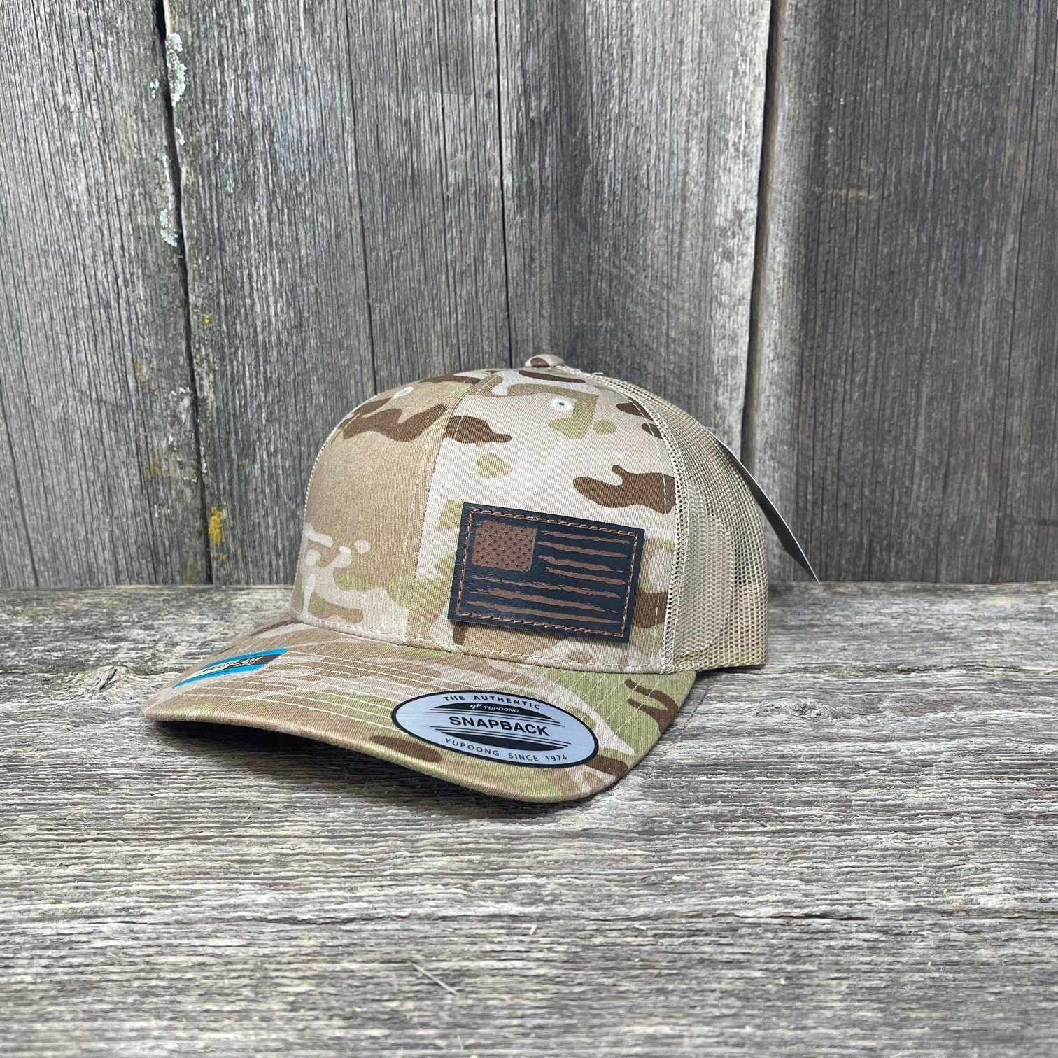 HAND SEWN BLACK DISTRESSED FLAG LEATHER PATCH HAT - FLEXFIT SNAPBACK Leather Patch Hats Hells Canyon Designs Moss/Khaki 