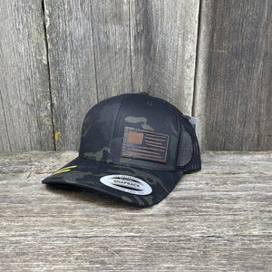HAND SEWN BLACK DISTRESSED FLAG LEATHER PATCH HAT - FLEXFIT SNAPBACK Leather Patch Hats Hells Canyon Designs Black/Multi-cam 