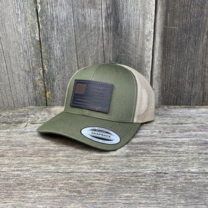 HAND SEWN BLACK DISTRESSED FLAG LEATHER PATCH HAT - FLEXFIT SNAPBACK Leather Patch Hats Hells Canyon Designs Moss/Khaki 