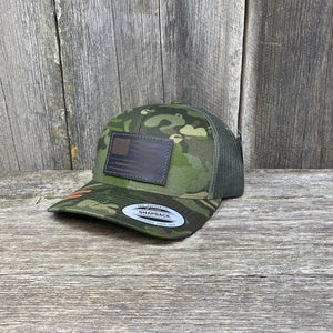 HAND SEWN BLACK DISTRESSED FLAG LEATHER PATCH HAT - FLEXFIT SNAPBACK Leather Patch Hats Hells Canyon Designs Tropical/Multi-cam 
