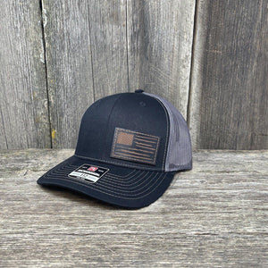 HAND SEWN BLACK DISTRESSED FLAG LEATHER PATCH HAT - RICHARDSON 112 Leather Patch Hats Hells Canyon Designs # Black/Charcoal 