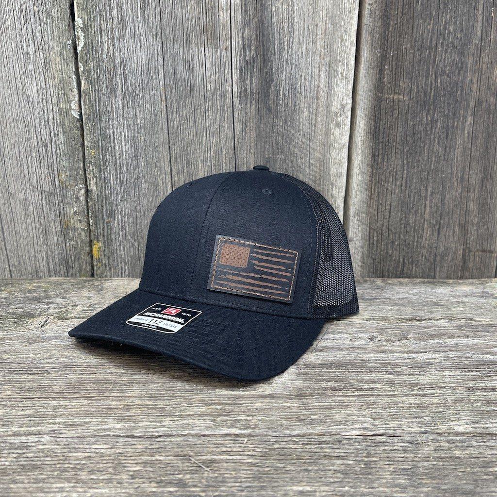 HAND SEWN BLACK DISTRESSED FLAG LEATHER PATCH HAT - RICHARDSON 112 Leather Patch Hats Hells Canyon Designs # Heather/Black 