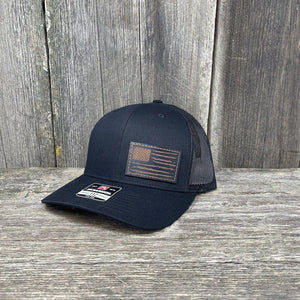 HAND SEWN BLACK DISTRESSED FLAG LEATHER PATCH HAT - RICHARDSON 112 Leather Patch Hats Hells Canyon Designs # Solid Black 